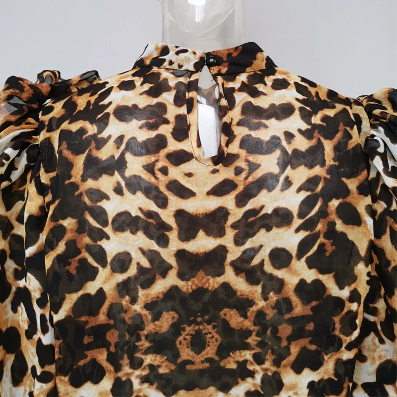 

Future Time 2019 New Summer And Autumn Fashion Tunic Women Blouse Shirts Long Puff Sleeve Leopard Blouse Black Tops With The Bow