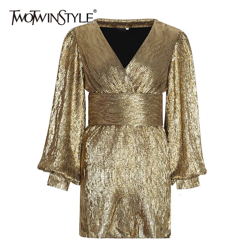 Женское платье с блестками TWOTWINSTYLE Осеннее вечерние рукавами фонариками V