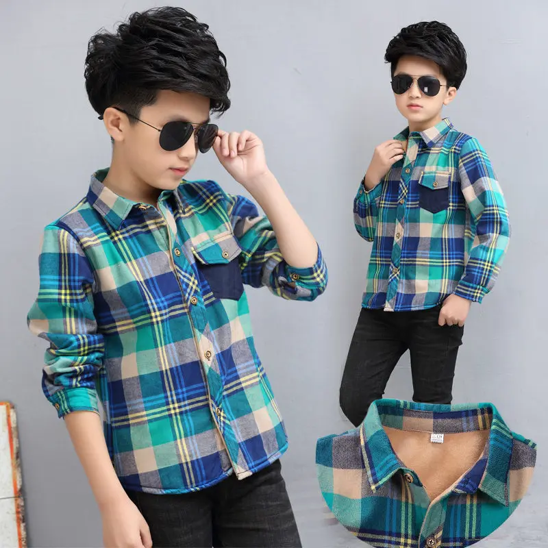 Зимняя теплая рубашка для больших детей Клетчатая Шерстяная Рубашка с длинными