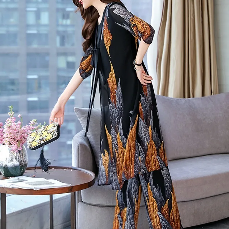 Summer New Women 3pcs Set Vintage Floral Printed Long Coat Wide Leg Pants Outfits Suit OL Style Elastic Waist Ensemble Femme