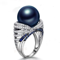 high quality silver color wedding rings for women natural freshwater blue colors big pearl jewelry fashion zircon ring
