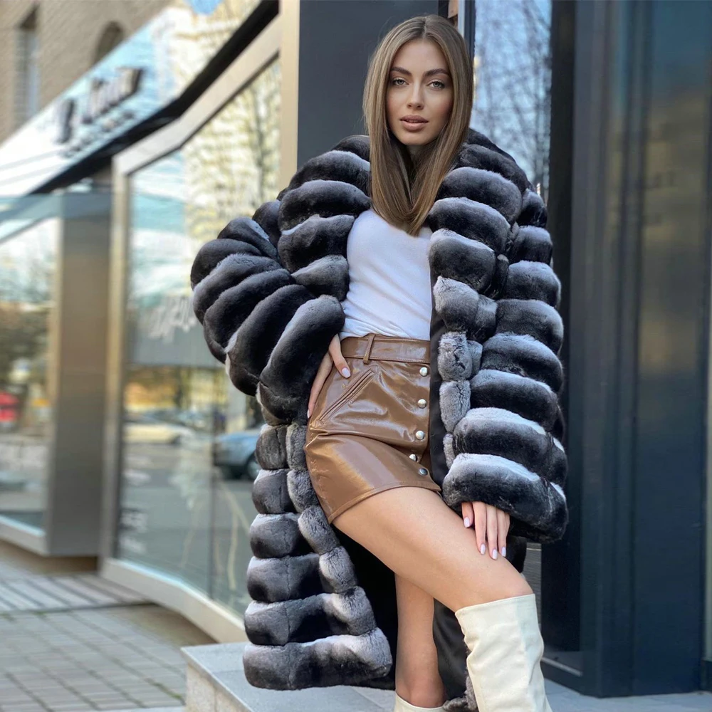 Luxury Women Real Rex Rabbit Fur Coat with Turn-down Collar 2022 Winter Trendy Whole Skin Genuine Rex Rabbit Fur Coats Outwear