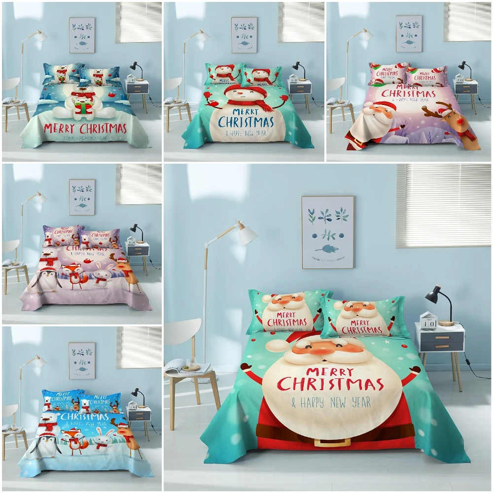 

Bed Sheet Set Home Textile Christmas Theme 3pcs Polyester Bed Sheets and Pillowcases Santa Claus Flat Sheet for Queen King Size