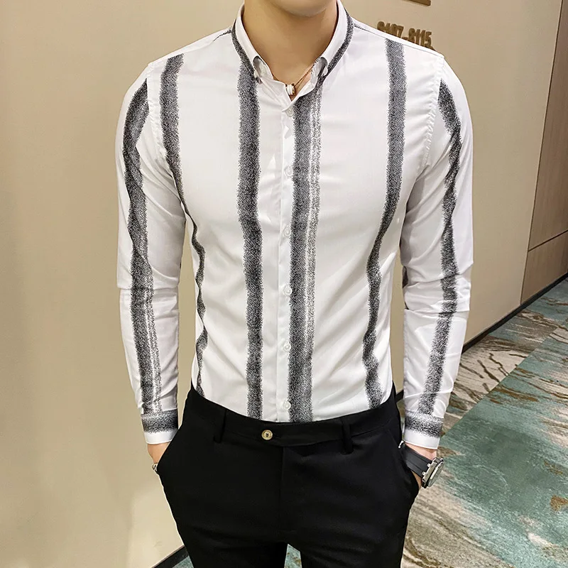Весенняя Новая мужская рубашка в британском стиле полоску с длинными рукавами