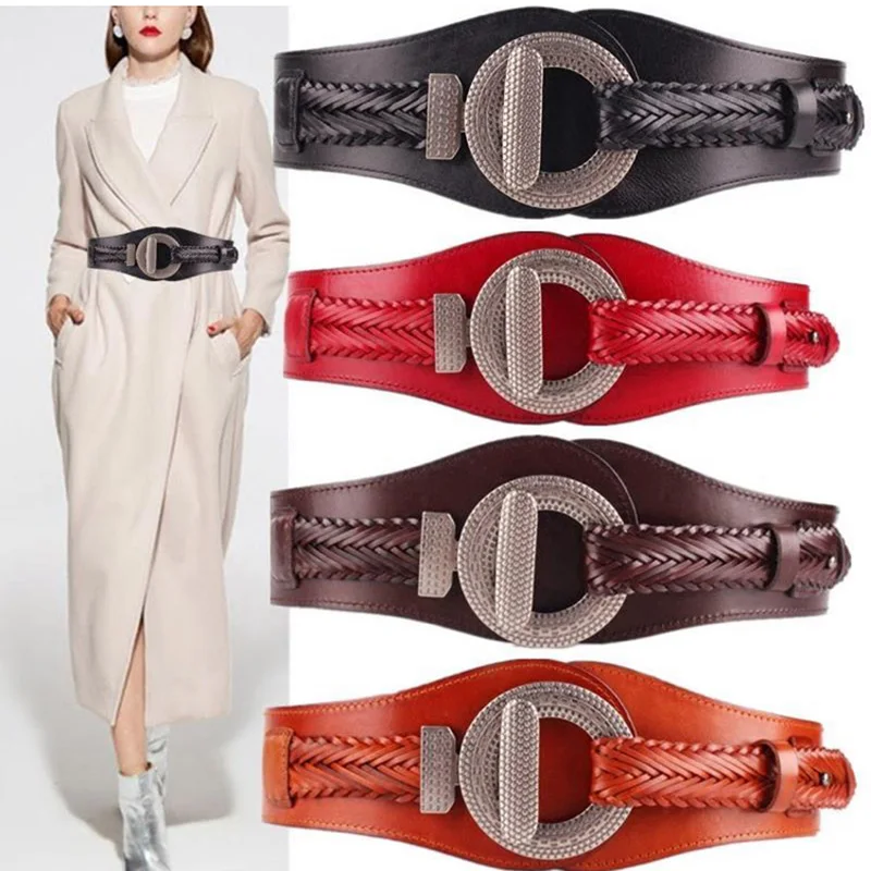 New Luxury Fashion Women Genuine Leather Elastic Strap Super Wide Retro Buckle All-Match Down Jacket Skirt Adornment Waistband