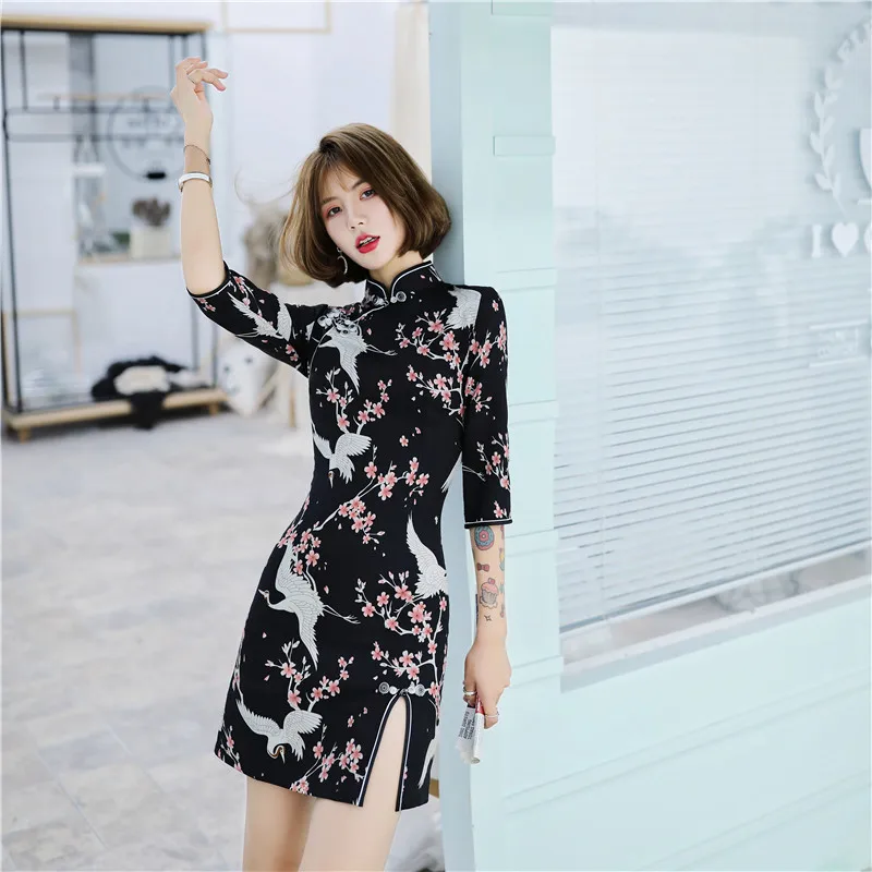 Темно-синий китайский традиционный стиль Cheongsam элегантное женское платье на пуговицах ручной работы воротник-стойка сексуальное короткое платье Размер S-XXL