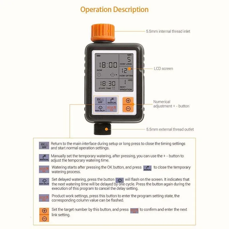 

Automatic Programmable Digital Water Timer 3" Large Screen IP65 Waterproof For Garden Lawn Watering System Irrigation Timer