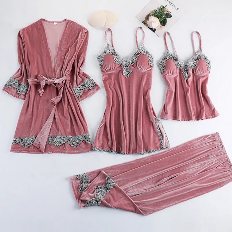 

New Women Silk Pajamas Set 4 Pieces Warm Sexy Lace Winter Sleepwear Sling Nightdress Homewear Plus Size Robe