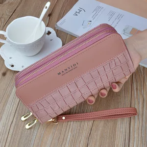 womens wallet double zipper long crocodile pattern coin purse female letter pu leather solid color card holder clutch phone bag free global shipping