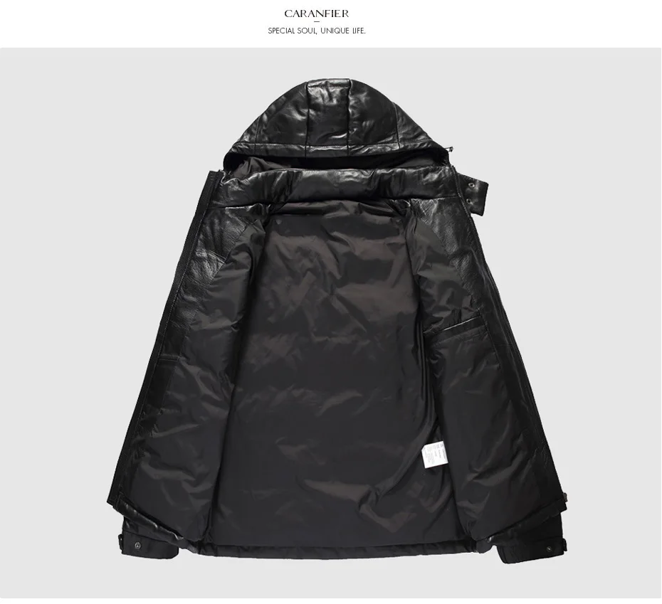 CARANFIER Mens Winter Warm Black Genuine Leather Real Lambskin Duck Down Hooded Jackets Coats Jaqueta De Couro Deri Ceket