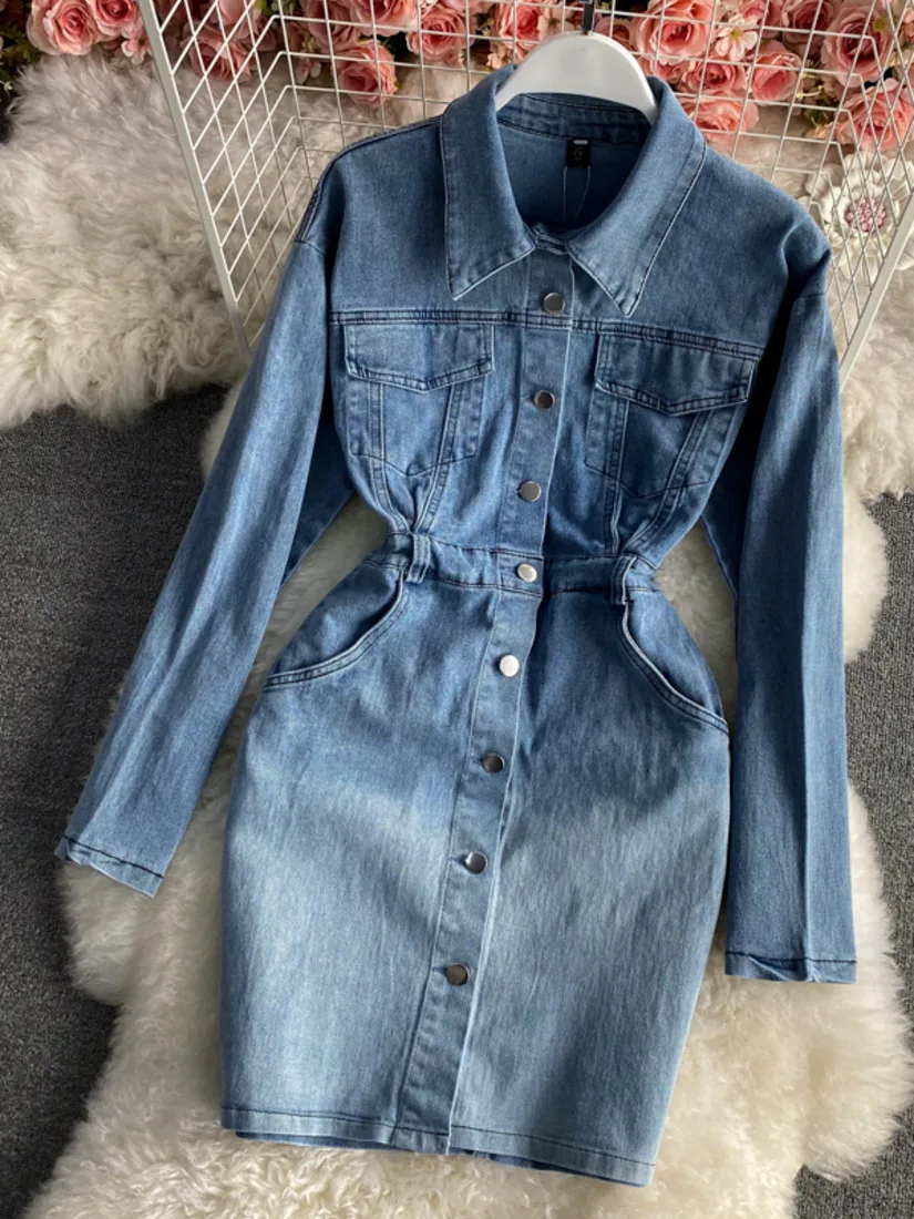 

Korean Fashion Girls Chic Denim Dress Long Sleeve Ladies Single Button Thin Waist POLO Collar Women Casual Work Office