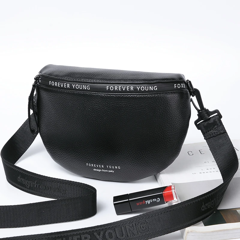 

Wmnuo Genuine Leather Waist Bags Women Letter Half Moon Chest Bag Female Wide Shoulder Strap Soft Small Girls Bag Bolsa Sac