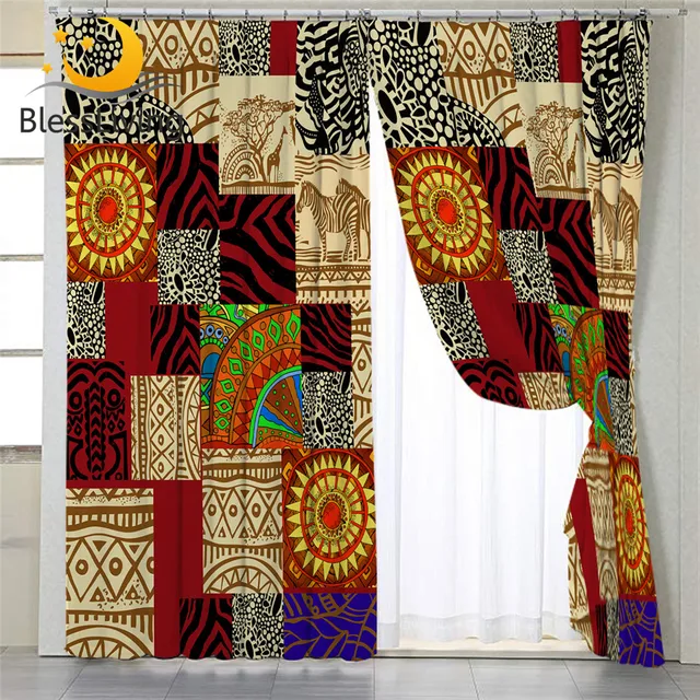 BlessLiving Ethnic Kitchen Curtains African Zebra Giraffe Blackout Curtain Geometric Patchwork Window Treatment Drapes 1-Piece 1
