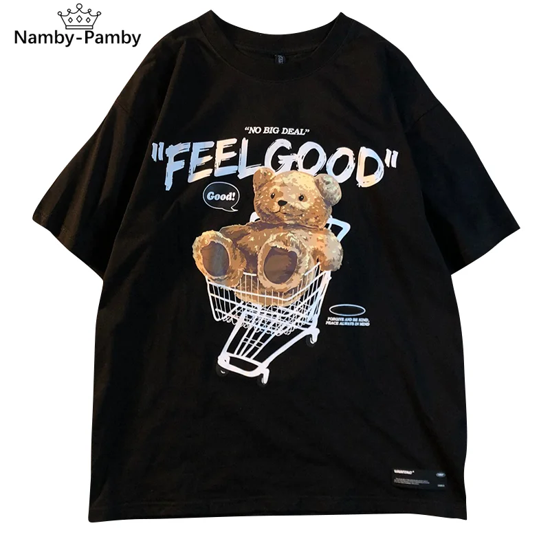 

2021 summer new American retro bear graffiti print short sleeve T-shirt women loose lovers half sleeve clothes