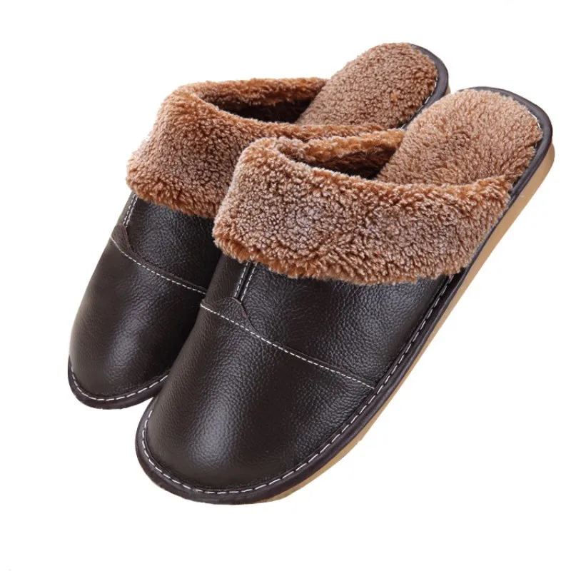 

Genuine Leather Couple's Winter Indoor Slippers 2019 new fashion cotton slippers winter non-slip Imitation lamb wool