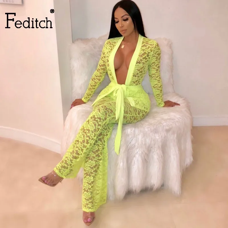 Feditch Celebrity элегантные вечерние женские комбинезоны с глубоким v-образным вырезом и длинным рукавом, кружевные комбинезоны, бандажные сексуальные боди