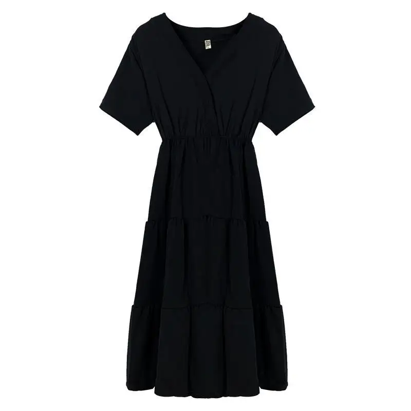 

QWEEK Vintage Chiffon Black Dress Women Gothic Harajuku Short Sleeve Midi Dress Elegant Office Lades Chic Trendy Robe 2021