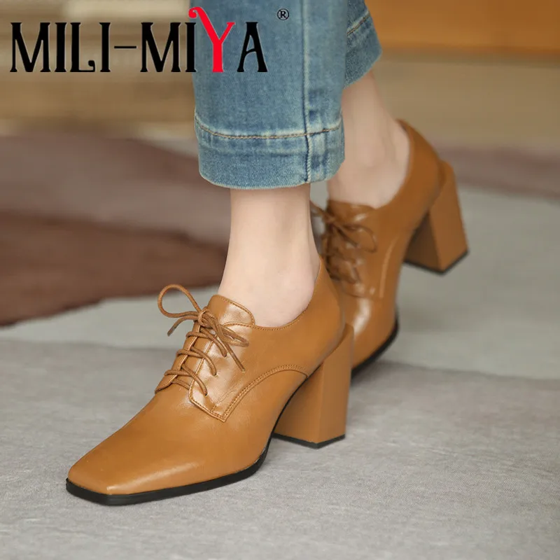 

MILI-MIYA Мода со шнуровкой на платформе и устойчивом каблуке, со шнуровкой и квадратным носком; Женские туфли-лодочки из натуральной кожи на за...
