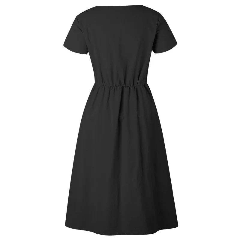 

Summer Short Sleeve V Neck Button Down Swing Midi Dress Women 2021 Casual Style Solid Tunic With Pocket Beach Dresses