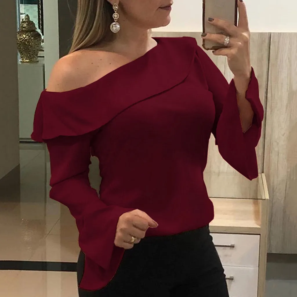 Женская шифоновая блузка с длинным рукавом и открытыми плечами|Блузки| |