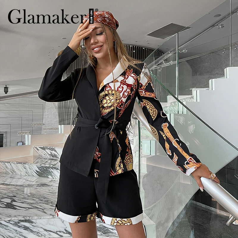 

Glamaker Paisley vintage print blazer shorts set Patchwork retro printed jacket and straight shorts Office lady chic co ord set