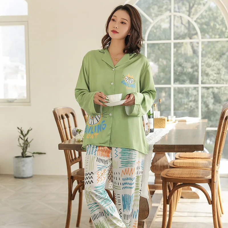 

FZSLCYIYI Summer Smiling Printed Silk Satin Long Sleeve Pants Pajama Set Sleepwear Nightwear Homewear