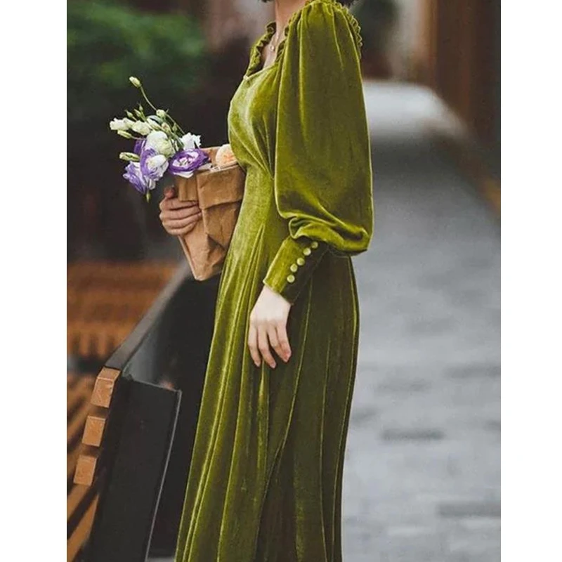 

Lugentolo French Vintage Dress Women Gold Velvet Square Collar Spring Autumn Casual Fashion Womens Long Dress