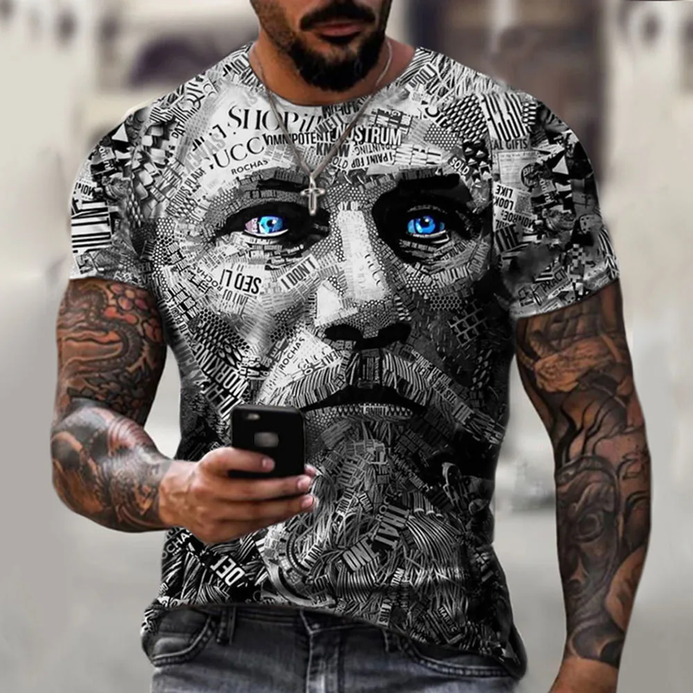 

Fashion Western Style T-shirt 2021 Summer Loose Casual Designer Retro Warrior Avatar Printing Round Neck Short Sleeve