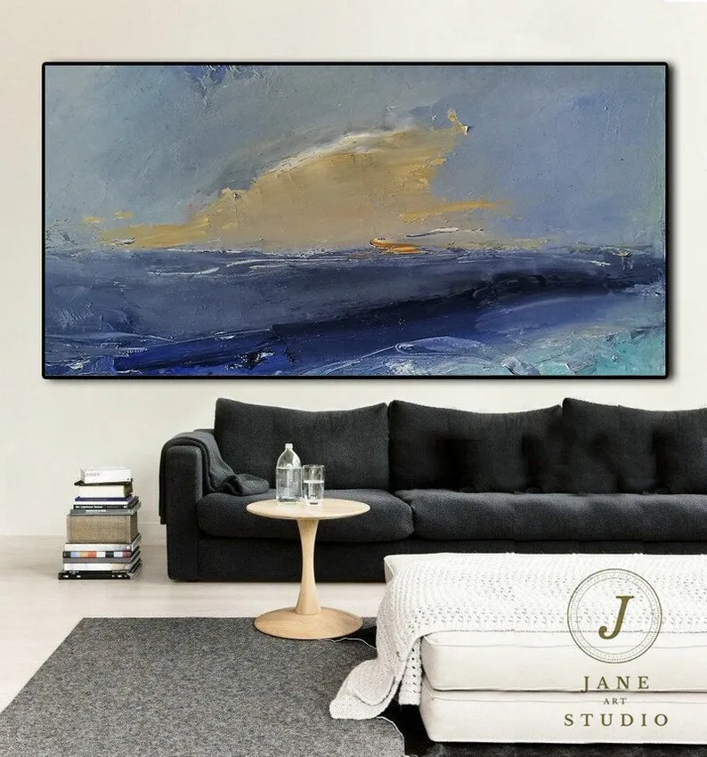 

Большая Абстрактная живопись на холсте, картина с голубым океаном, большой морской пейзаж, оригинальная абстрактная картина маслом, настен...