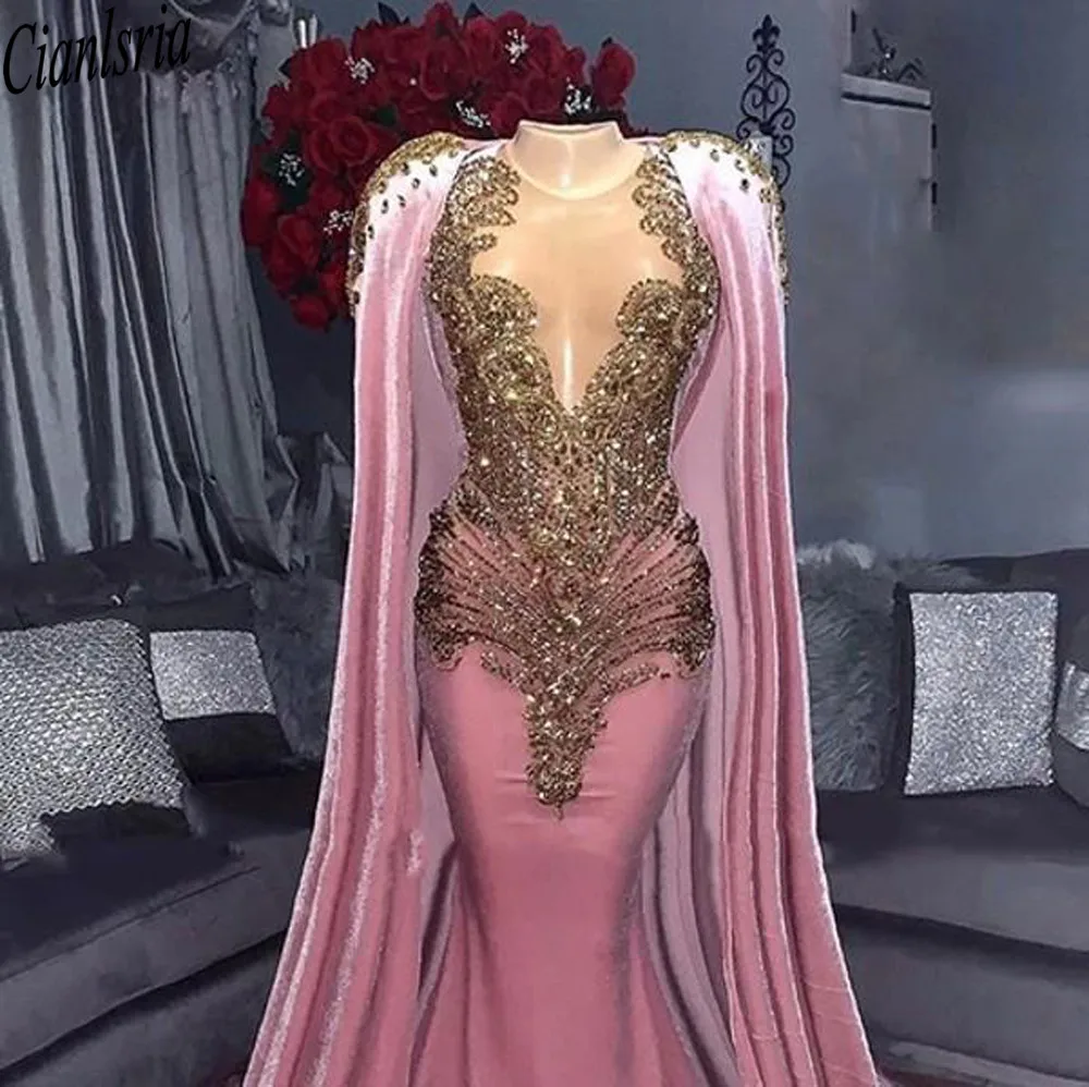 2021 Pink Mermaid Evening Dresses With Cape Luxury Beading Women Prom Gowns Long Formal Robe De Soirée