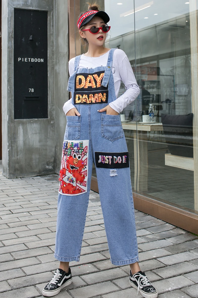 

Popular logo heavy industry sequined print age-reducing suspenders slimming women's high waisted ripped jeans