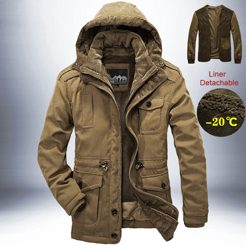 Outdoor Windbreaker Winter Jacket Men Thick Warm Mens Parkas Quality Cashmere Liner Detachable 2 in 1 Multi-pocket Coats L-4XL