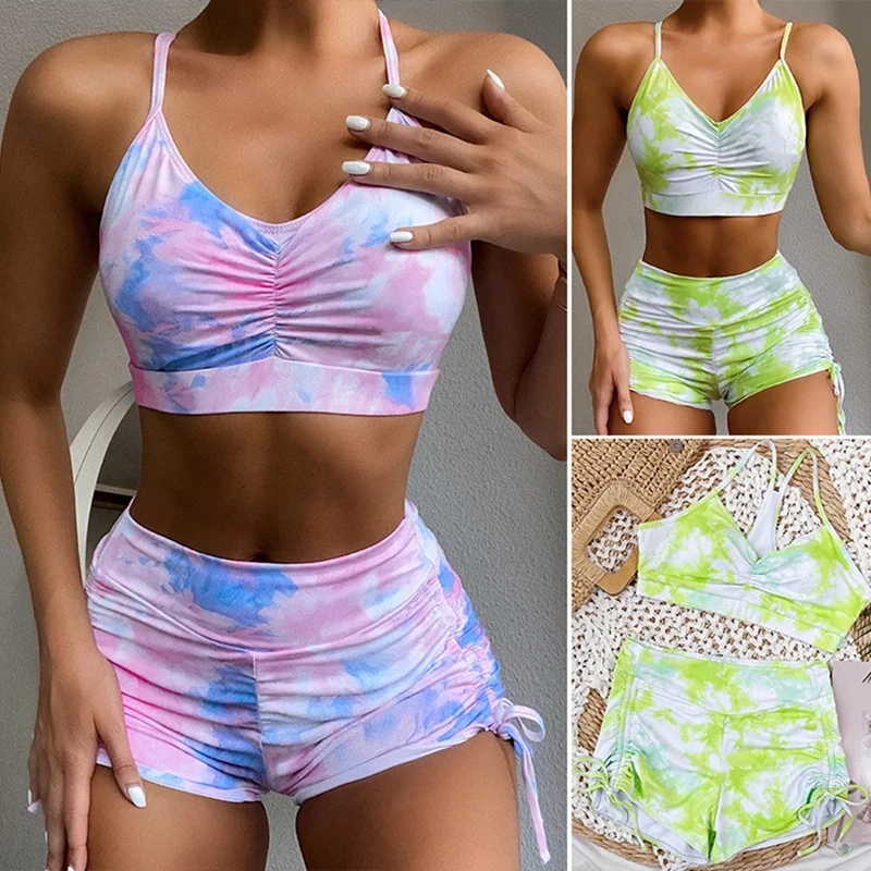 

Ladies Split Swimsuit Tie Dye Drawstring Yoga Suit Swimsuit