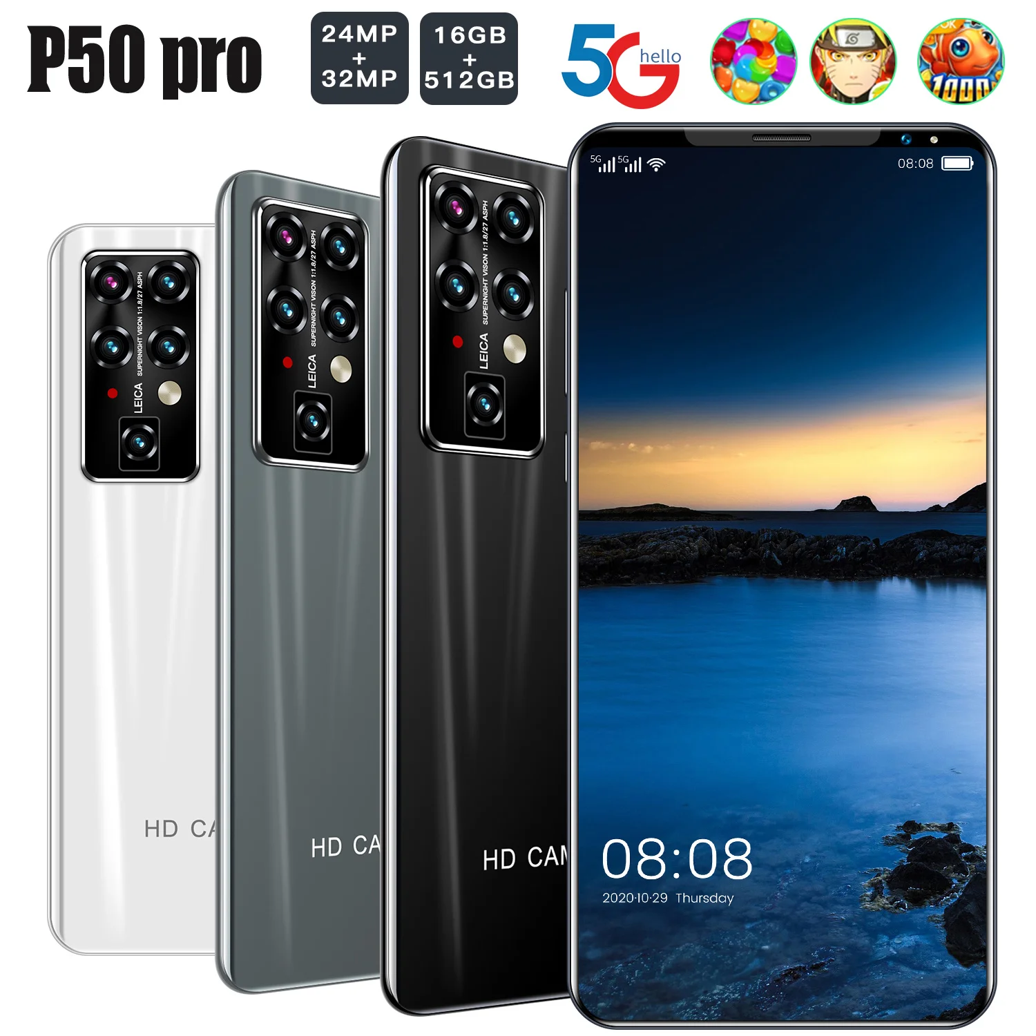 

5.5inch P50 Pro Smartphone Android10 5G 5600mAh 16GB+512GB Unlocked Mobile Phones Global Version 24+32MP Camera Cell Phone New