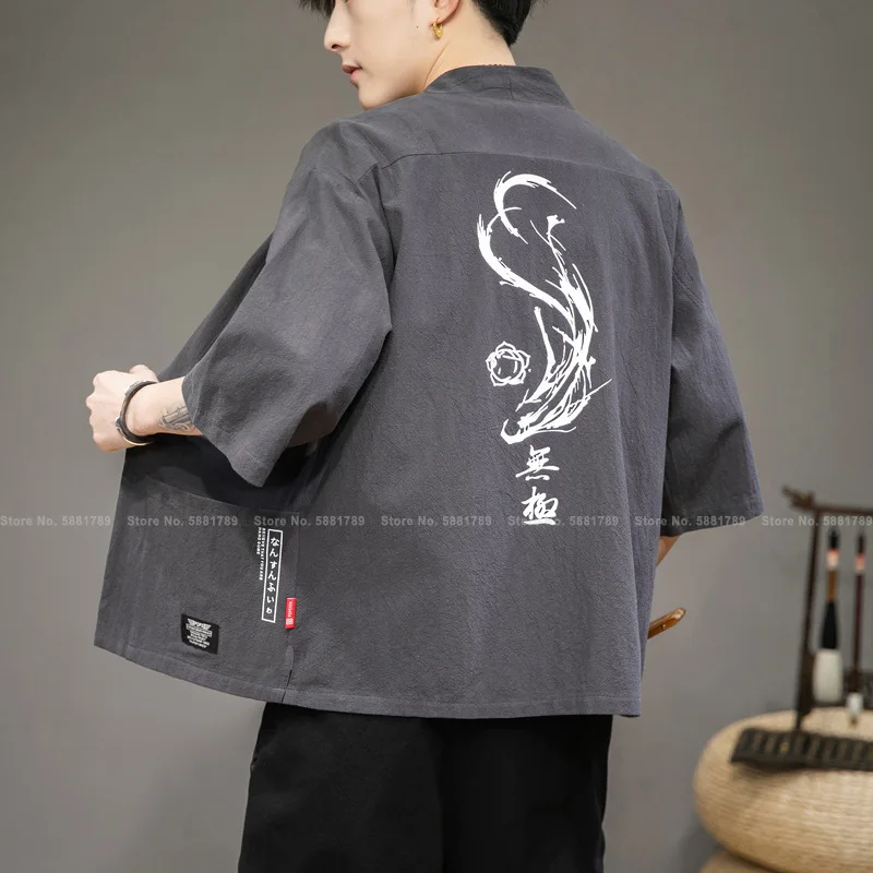 Men Chinese Style Hanfu Retro Printed Tang Suit Robes Cloak Shirts Cardigan Casual Jackets Stand Collar Lace Up Coats Streetwear |