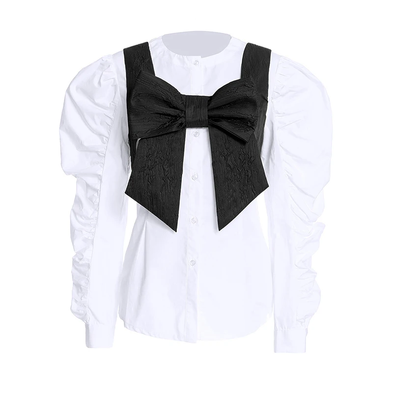 

VGH White Korean Shirt For Women Lapel Puff Long Sleeve Patchwork Bowknot Casual Elegant Blouse Female Fashion New Clothing Tide
