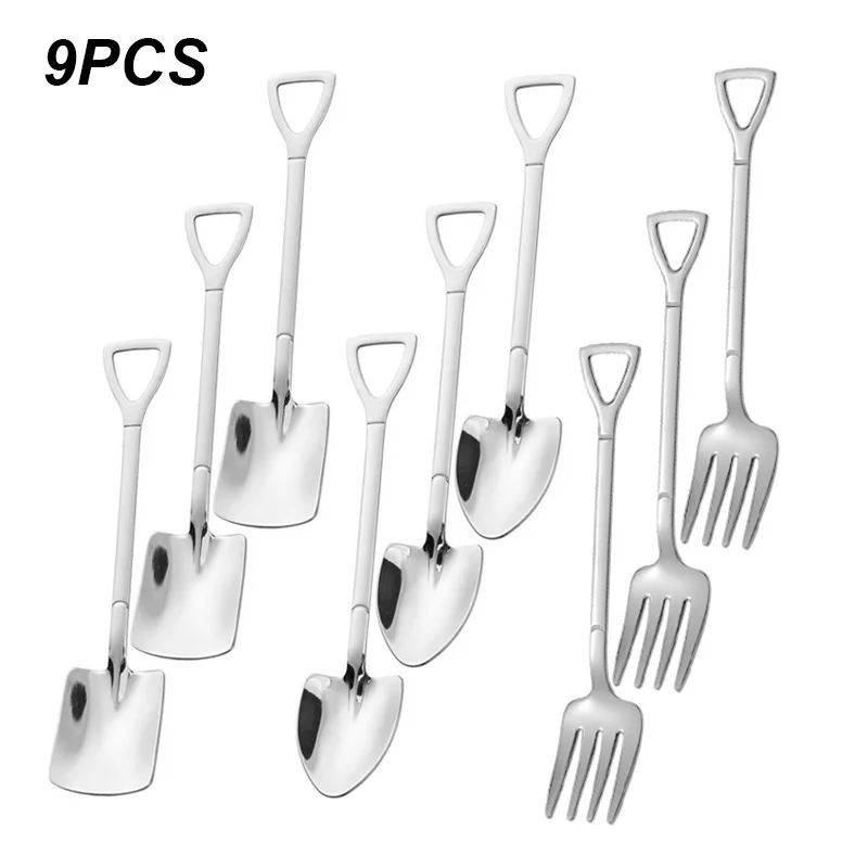

9 Pieces Shovel Spoon Fork Shovel Coffee Spoon Shovel Handle Dessert Spoon Ice Cream Spoon Shovel Shape Fork Fruit Fork