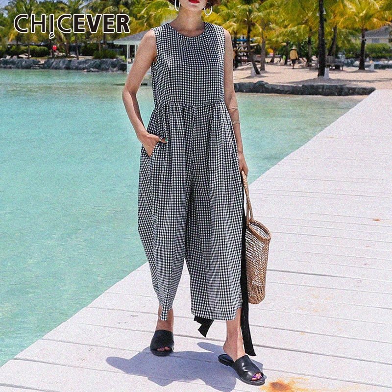 Женский клетчатый комбинезон CHICEVER с круглым вырезом без рукавов высокой талией