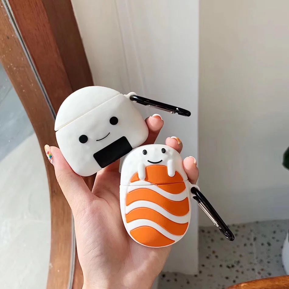 Для AirPods чехол 3D Забавный Милый лососевый рисовый шар суши чехол для наушников для Airpods 2/i10/i11 TWS Защитная крышка с крючок карабина