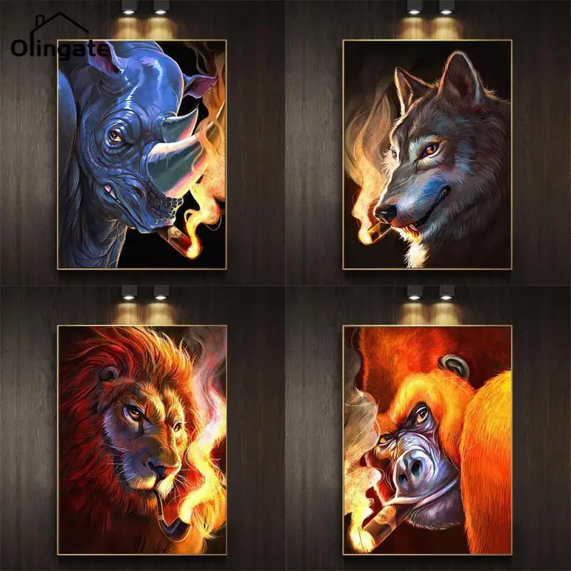 

Abstract Lion Wolf Rhino Monkey Smoking Canvas Painting Animal Poster and Prints Wall Art Pictures for Living Room Home Decor