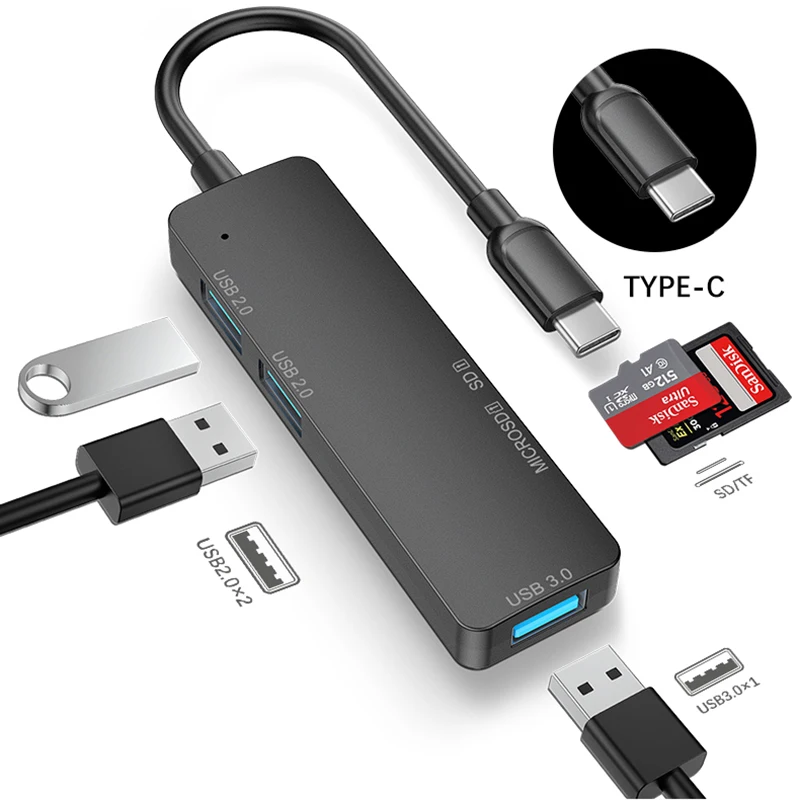 USB-концентратор с портом USB Type-C, 3,0 дюйма, 5 портов - изображение