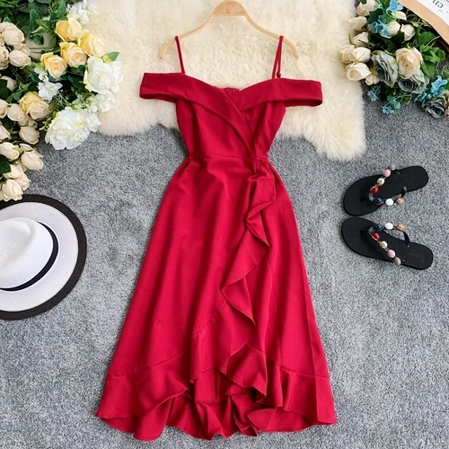 red Neploe Solid Chic Women Dress Summer New V-Neck Sleeveless Camis Vestidos Irregular Ruffles Slim Waist Ladies Dresses 44498 - Цвет: red