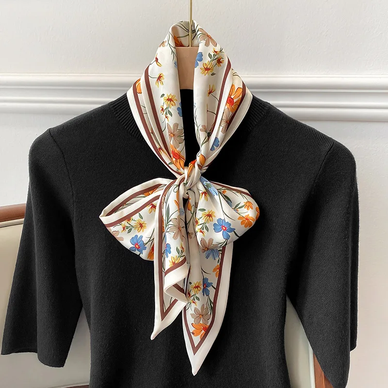 

2021 Fashion Floral Print Silk Scarf Women Thin Neck Long Scarves Narrow Office Lady Shawl Bandanas Female Bags Handle Accessory