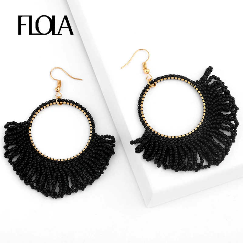 FLOLA богемные большие черные серьги для женщин ручной работы бисер Кисточка