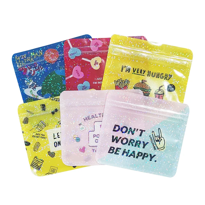 Cute Cartoon Pattern Reusable Hologram Ziplock Plastic Packaging Bags Food Tea Candy Snack Pouches