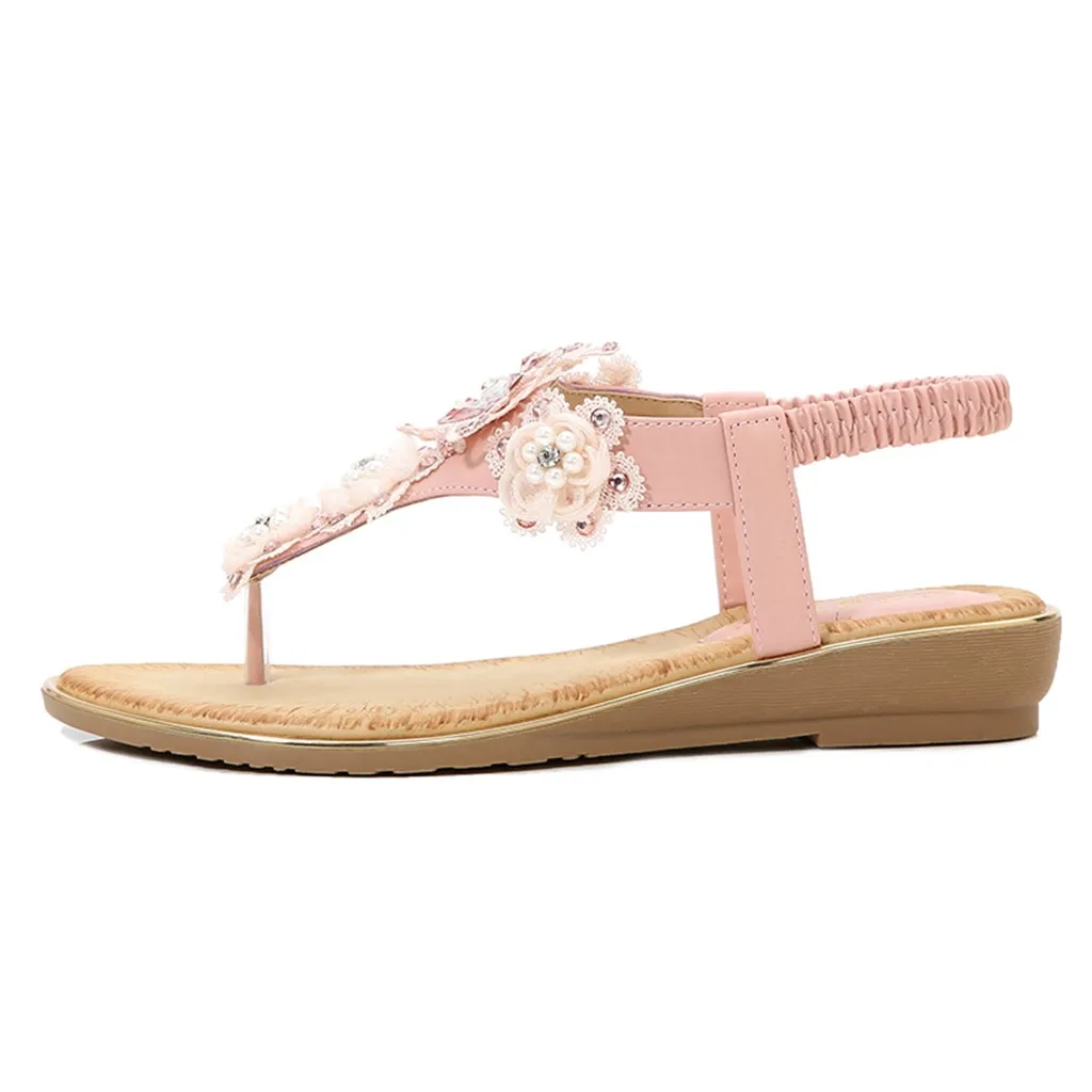 Летние женские туфли с цветком и жемчугом Женские богемные Вьетнамки Сандалии на