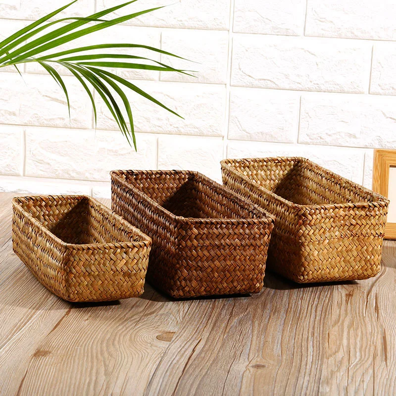 

Wicker Storage Basket Fruit Bread Snack Storage Boxes Rectangular Container Bathroom Nursery Underwear Toys Cosmetic Organizer