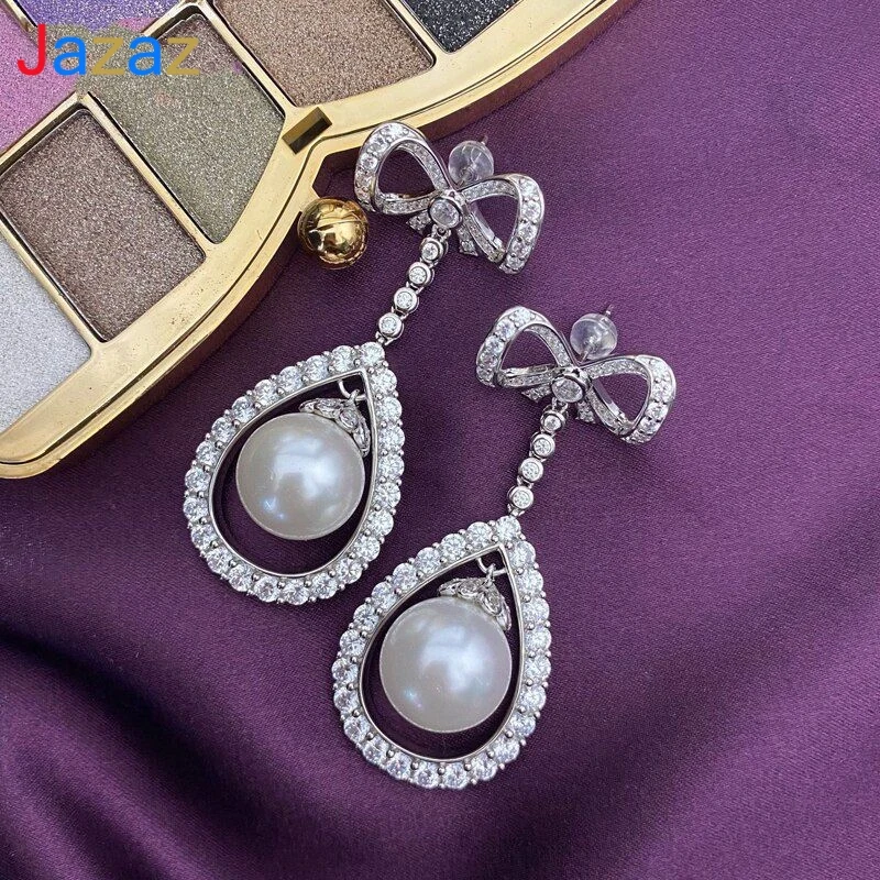 

Jazaz Luxury 925 Sterling Silver Pearl Drop Earrings Women Sparking Full Zircon Bow-knot Water Drop Wedding Party Birdal B1051