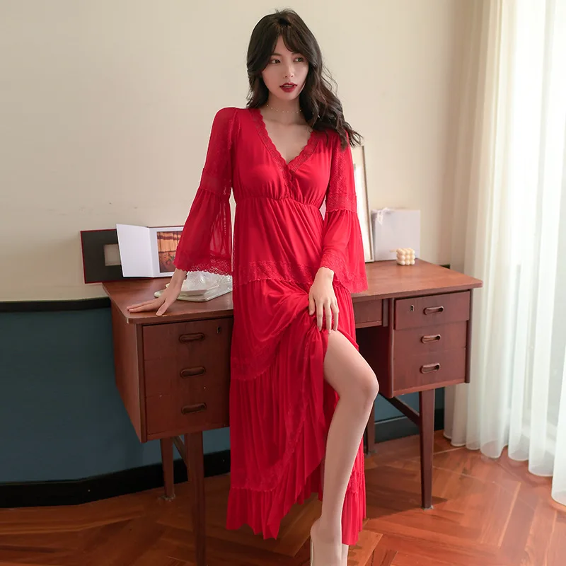 Modal Nightdress with Brassiere Women's Spring Summer Long Sleeve Net Gauze Sweet Princess Court Nightdress Lace Sexy Home Wear