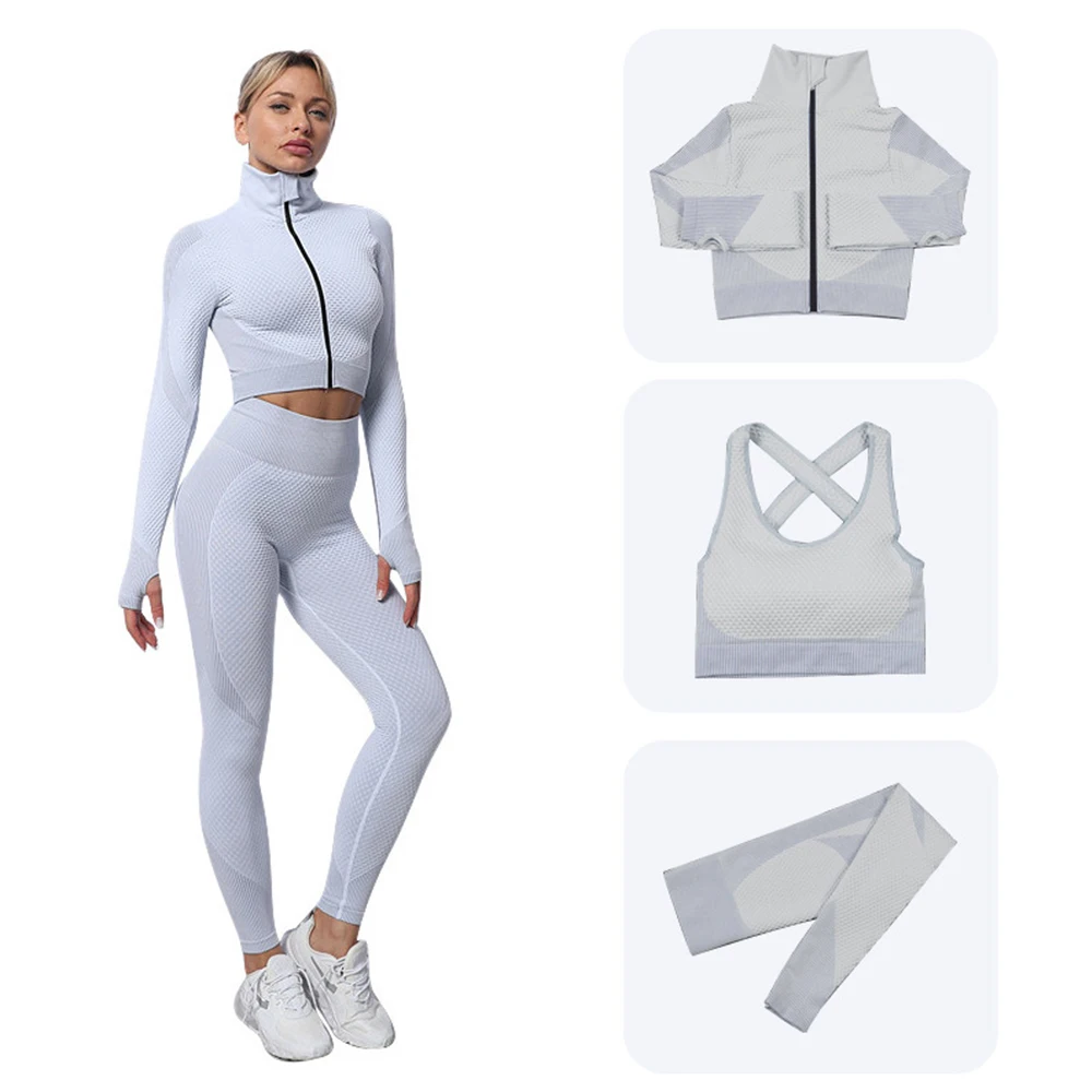 

3PCS Seamless Women Yoga Set Workout Sportswear Gym Clothing Fitness Long Sleeve Crop Top High Waist Leggings Sports Suits